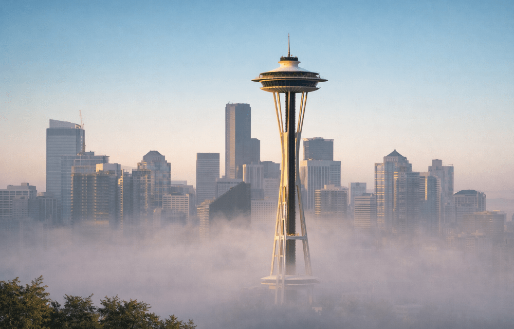 Seattle skyline with the Space Needle and Mount Rainier.