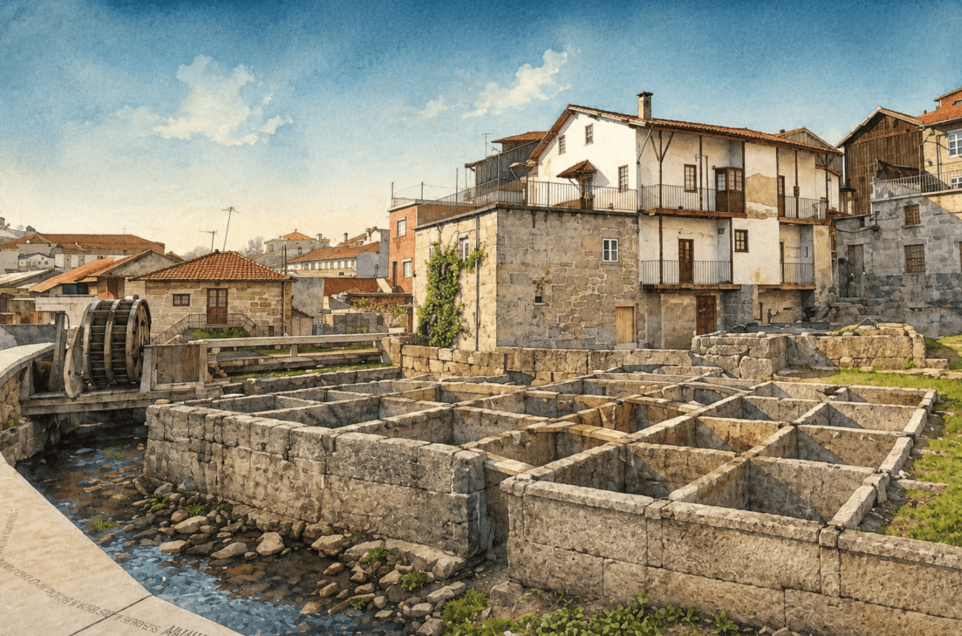Guimarães’ historic Leather District, with old stone tanning tanks beside the river and a traditional waterwheel, remnants of the city’s centuries old leather industry