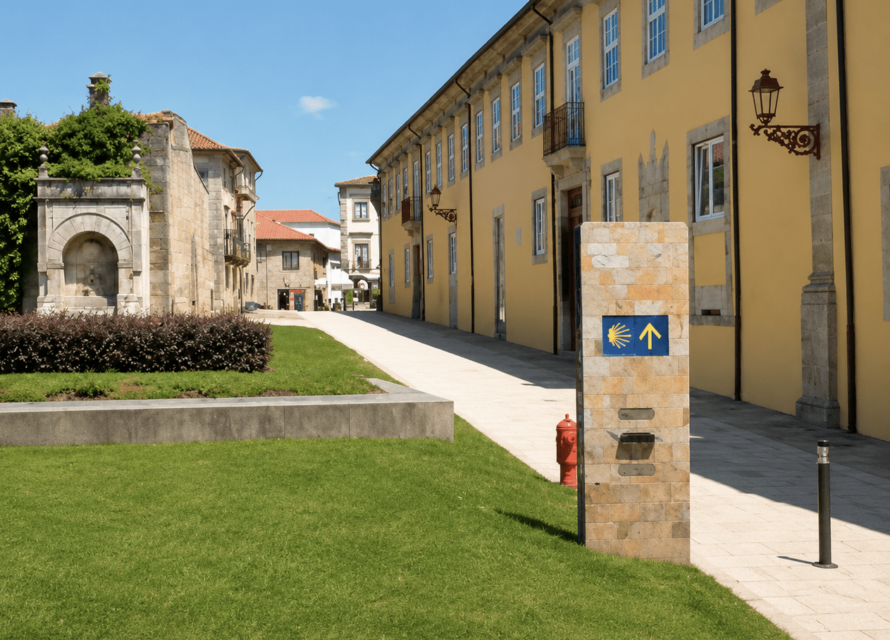 Camino de Santiago waymarker beside Barcelos City Hall, marking the Portuguese Way through the historic centre of Barcelos, Portugal
