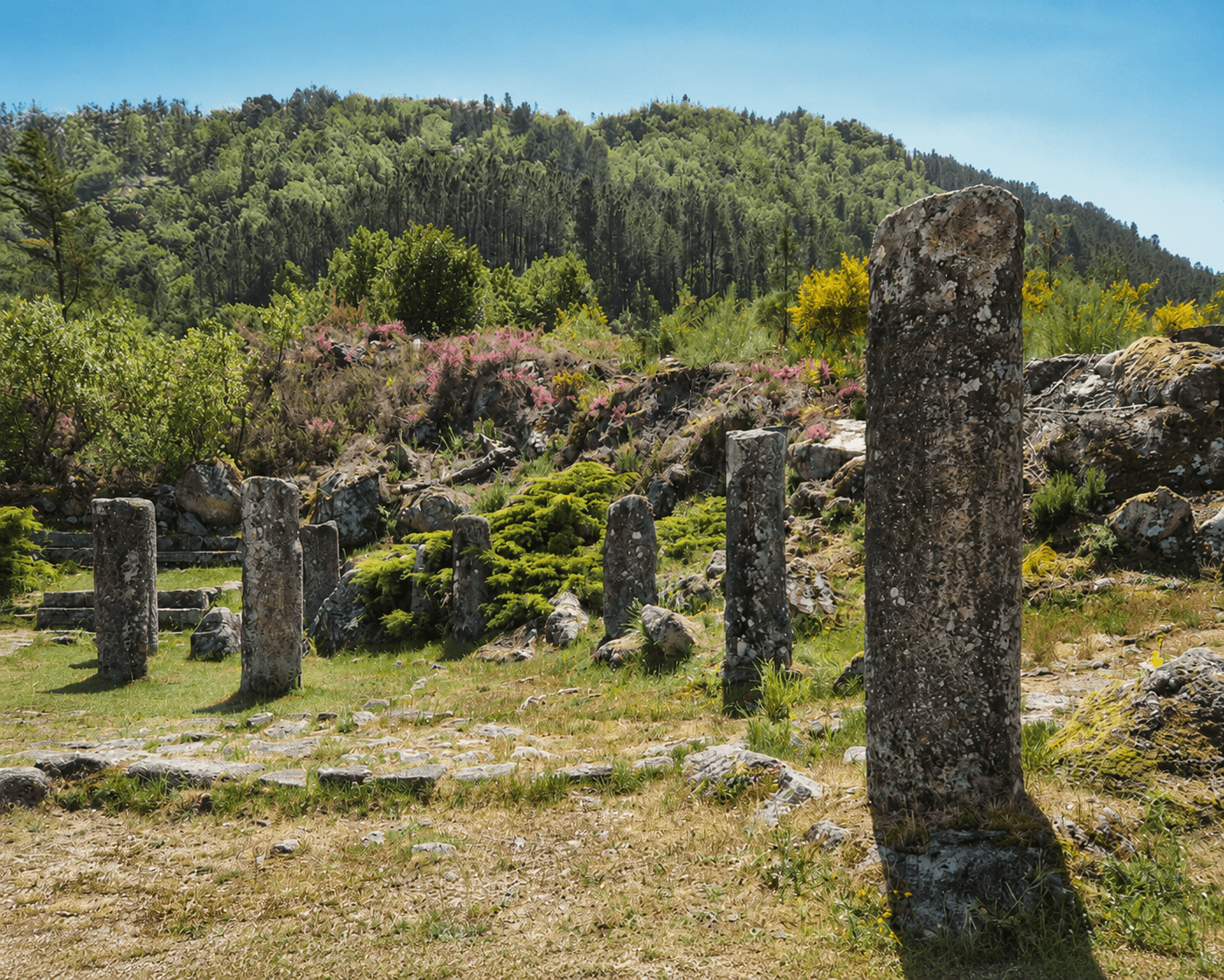 Ancient Roman milestone markers along the historic Roman road in Peneda-Gerês National Park, northern Portuga