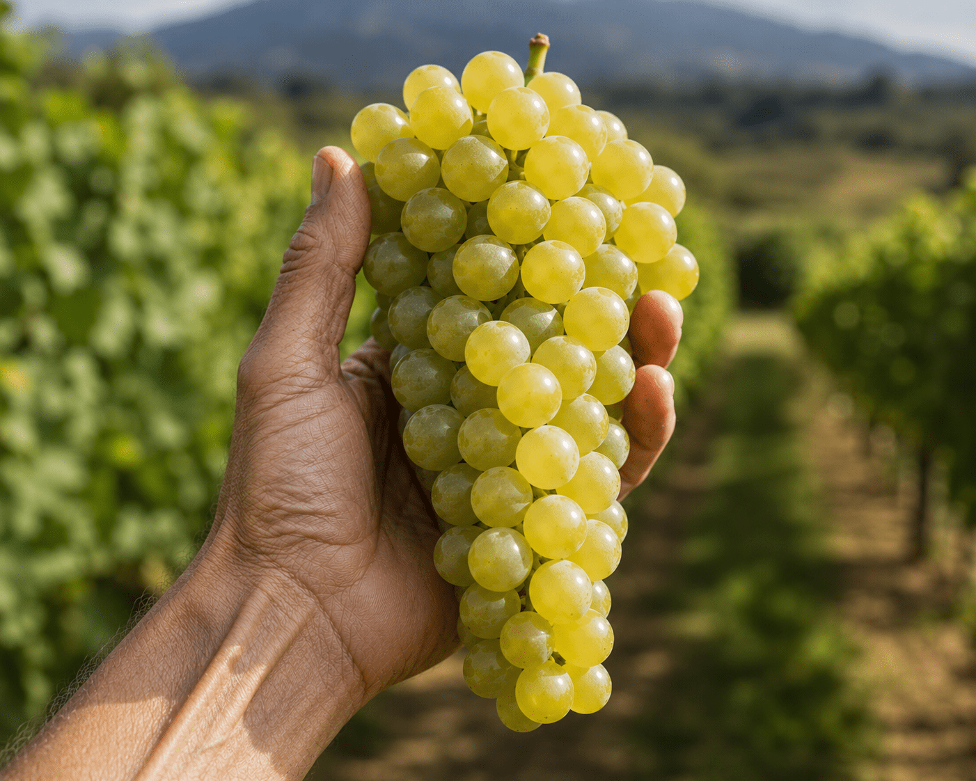 Hand holding a bunch of Alvarinho grapes in a vineyard near Monção, Portugal, renowned for producing Vinho Verde Alvarinho wine