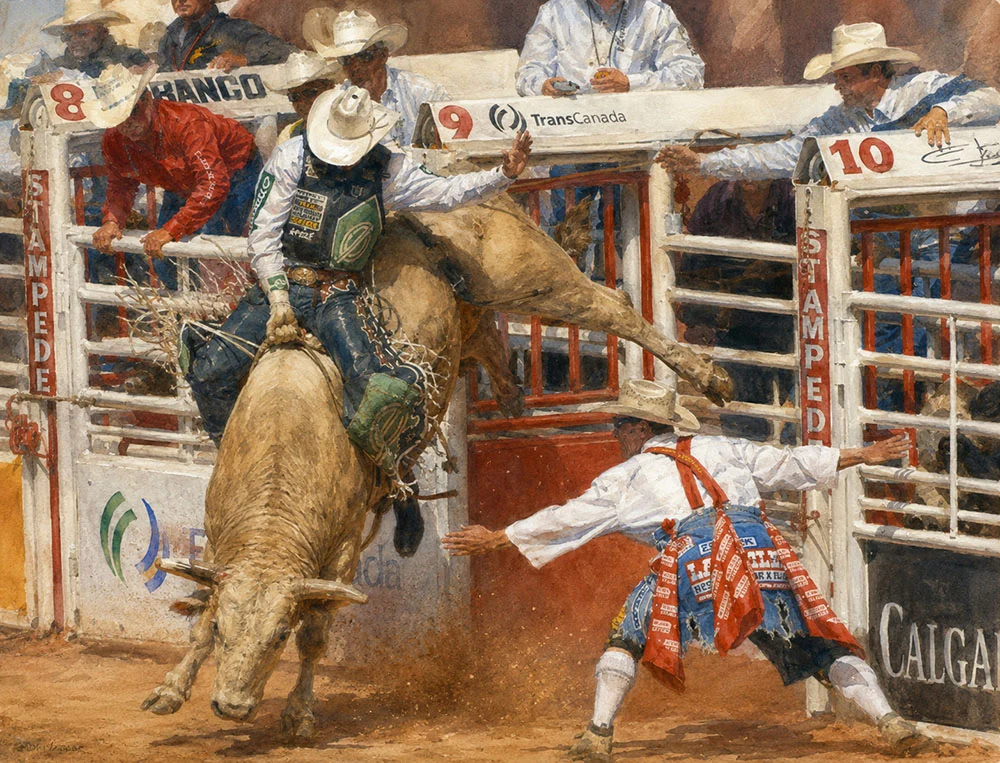Eight seconds of pure thunder at the Calgary Stampede. Hold on tight and feel the rush of the ultimate showdown on the dirt