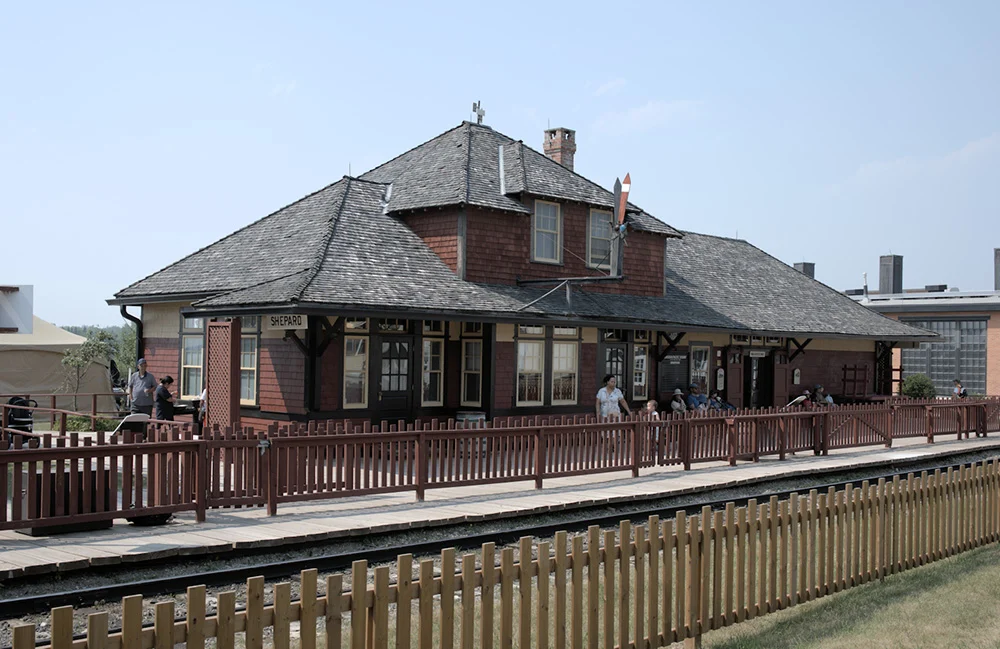 Historic Shepard railway station and train platform at Heritage Park Historical Village in Calgary, Alberta