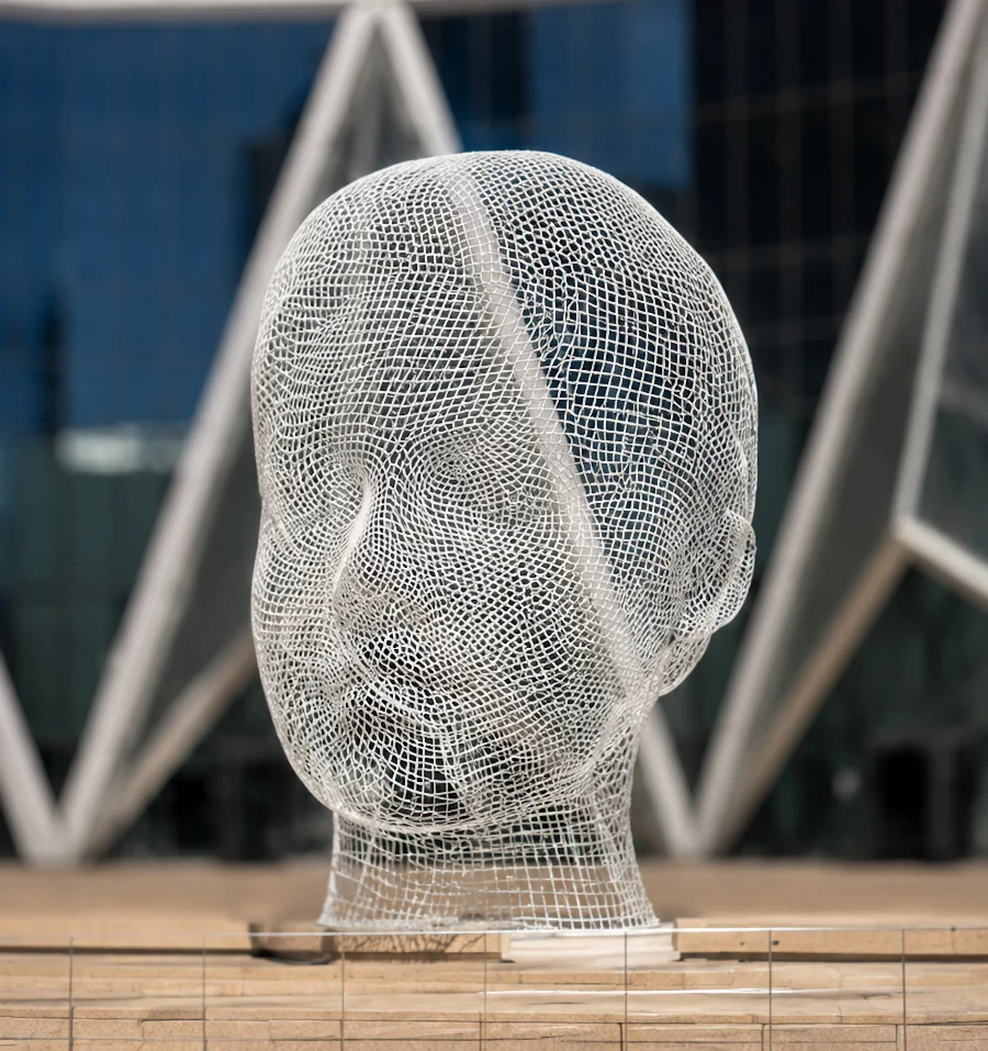Wonderland sculpture, a giant wire-frame child’s head outside The Bow, Calgary’s distinctive crescent-shaped glass skyscraper in downtown Calgary