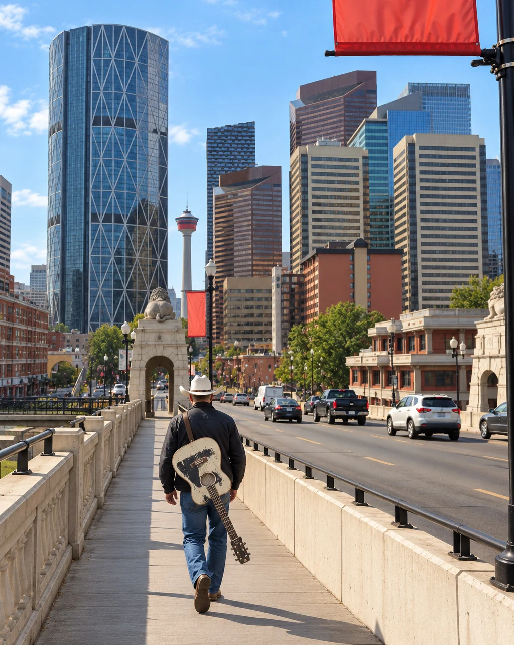 A cowboy with a weathered guitar slung across his back walks south across Calgary’s historic Centre Street Bridge toward the downtown core. Ahead, the bridge’s iconic sandstone lions stand guard over the roadway, while the curved glass façade of The Bow and the unmistakable Calgary Tower rise among the city’s skyscrapers.