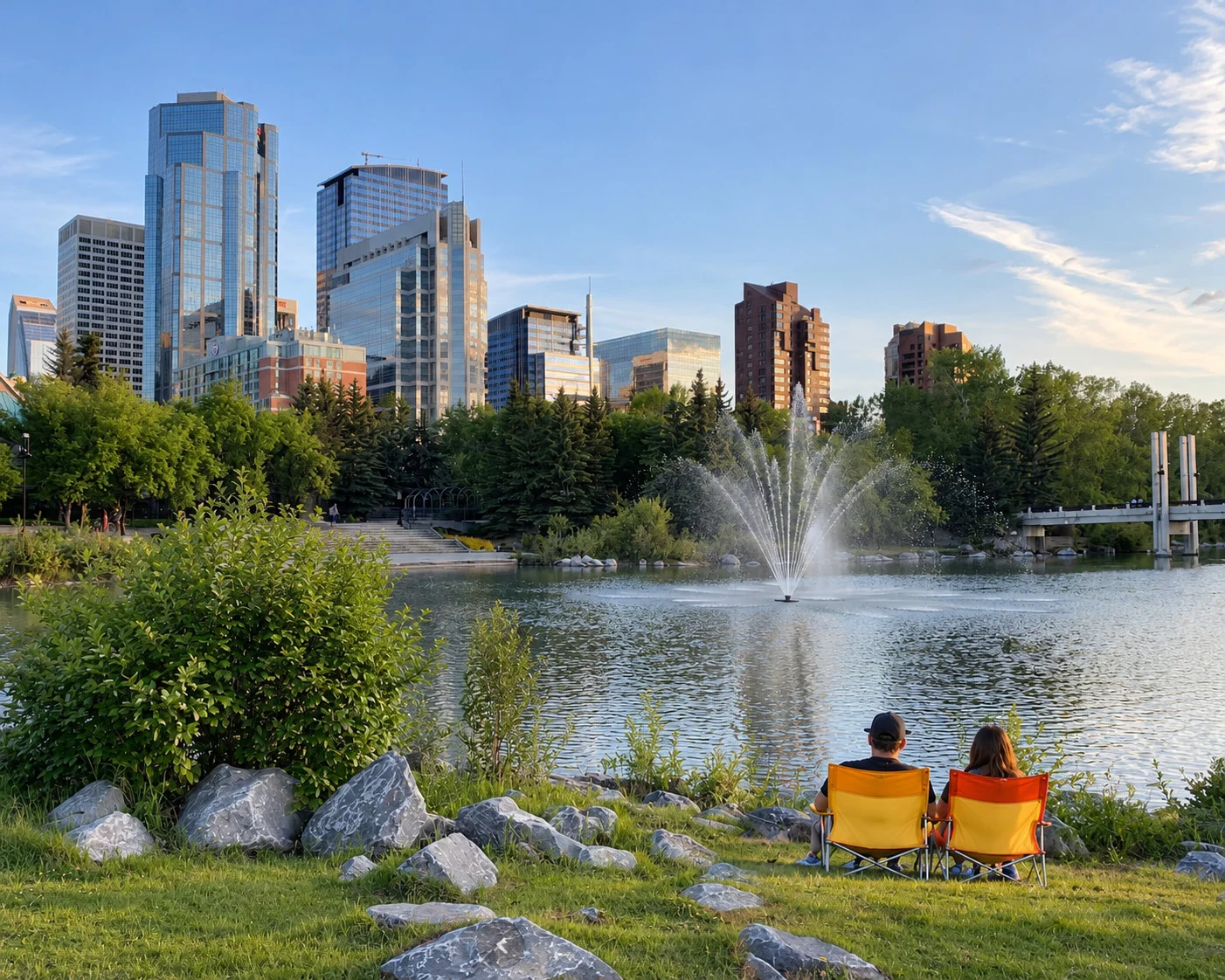 wo visitors sit in colourful lawn chairs overlooking a fountain and lagoon at Prince’s Island Park, with Calgary’s downtown skyline in the background.